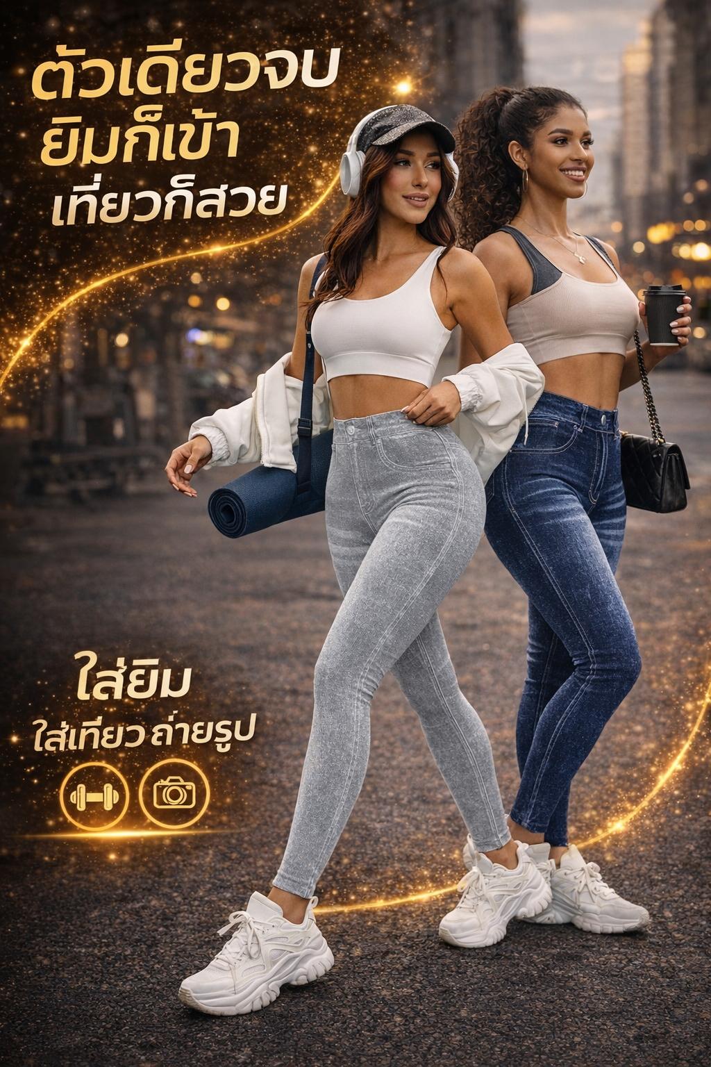 เลกกิ้งลายยีนส์ เอวสูงกระชับสัดส่วน ดูเหมือนยีนส์แต่ใส่สบายกว่า! 1633CK | Denim Print High-Waist Leggings