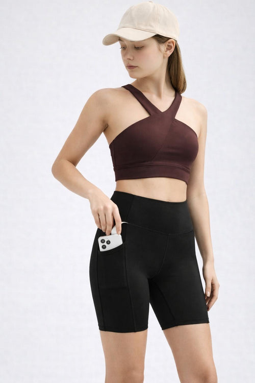 กางเกงยิมเอวสูง มีกระเป๋าข้าง กระชับสัดส่วน หลายสี | High-Waist Pocket Biker Shorts LK52048
