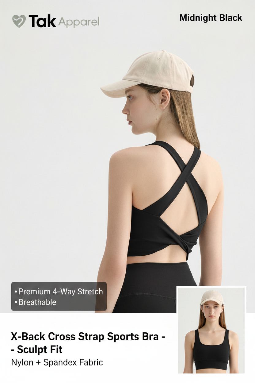 Black X-Back Sports Bra - Half Body with Text