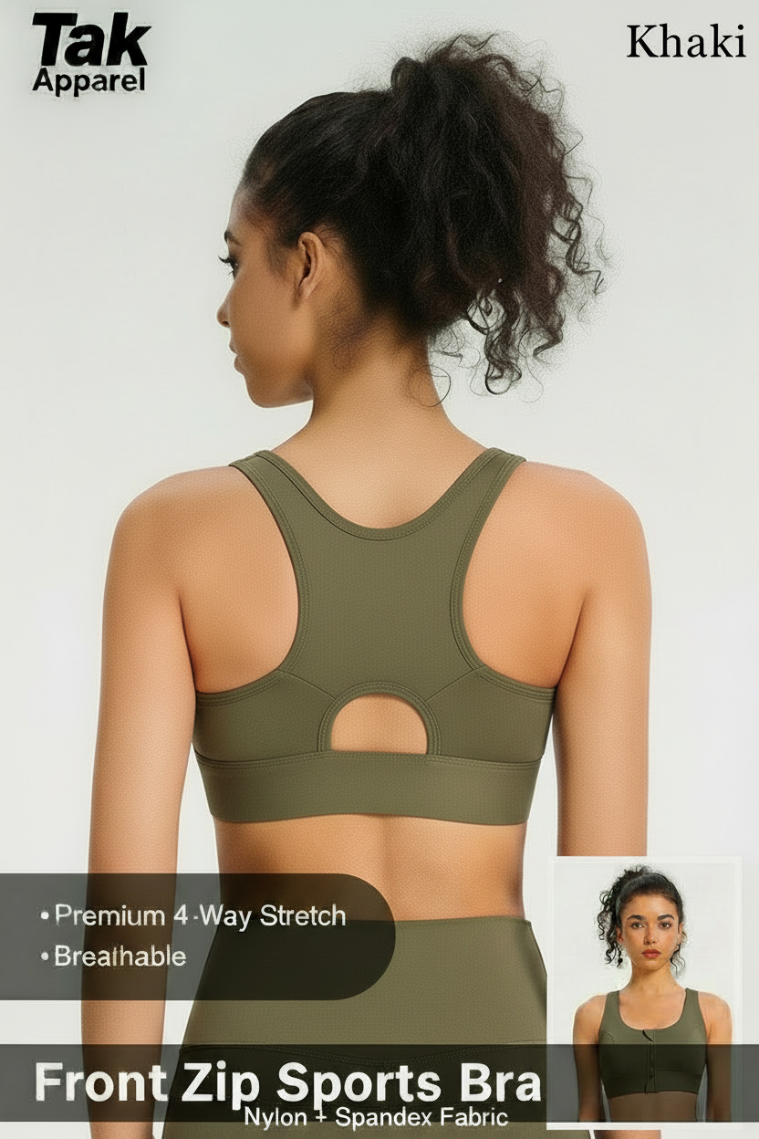 Front Zip Sports Bra - สีกากี