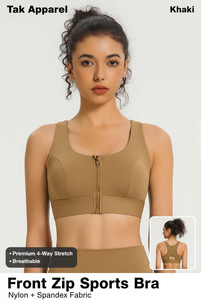 Front Zip Sports Bra - สีกากี