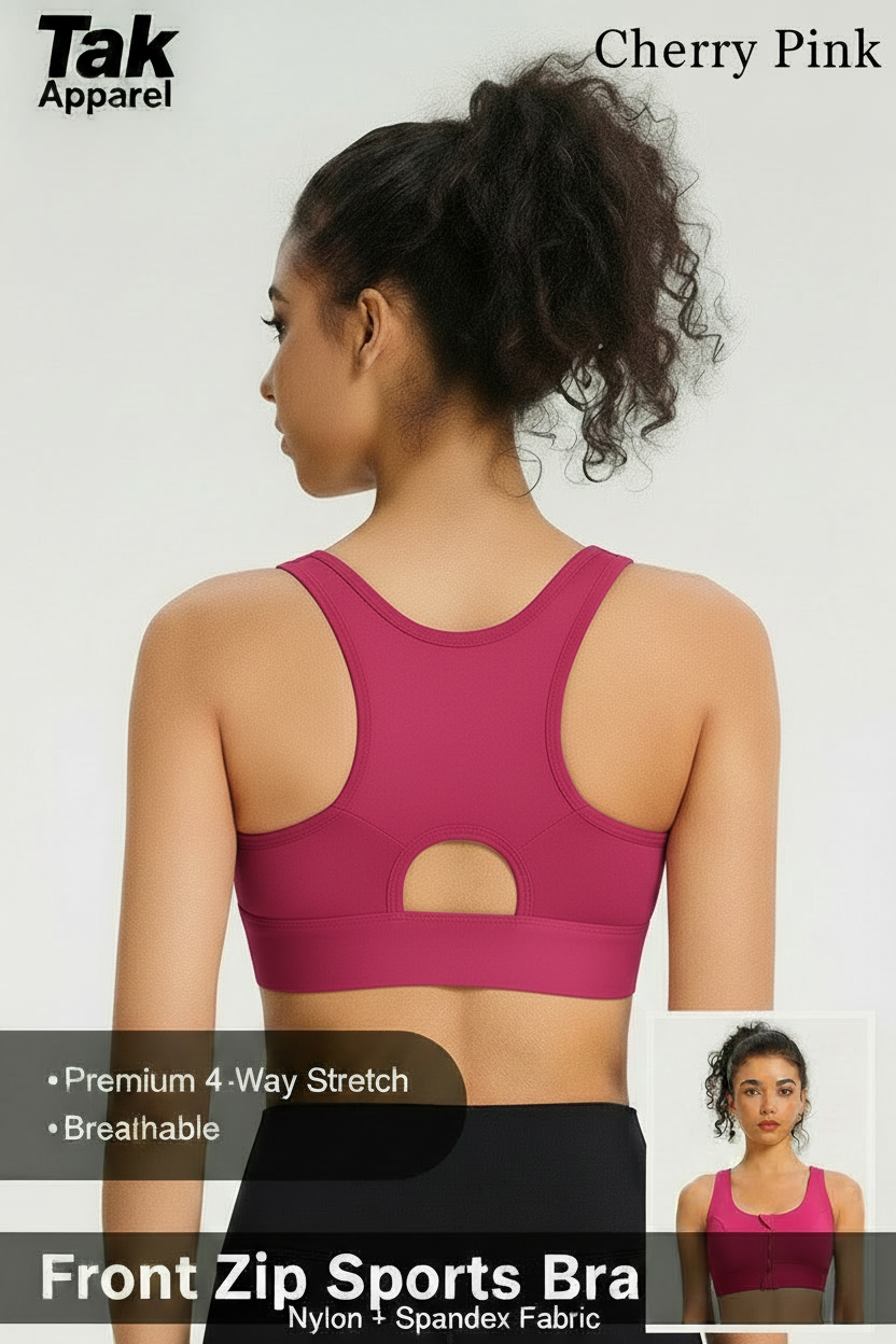 Front Zip Sports Bra - สีชมพูตรงกัน