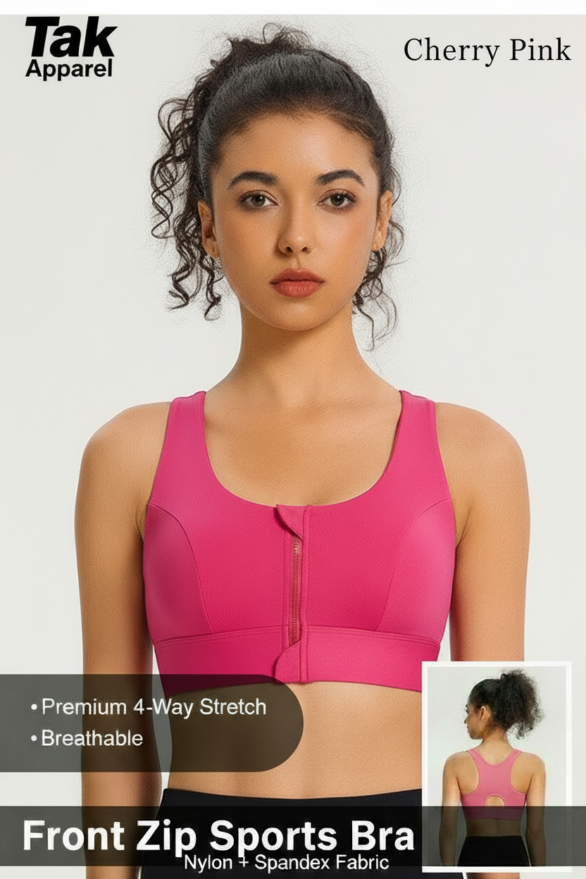 Front Zip Sports Bra - สีเชอรี่ชมพู ด้านหน้าหลัก