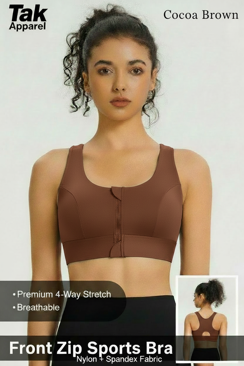 Front Zip Sports Bra - สีโกโก้ภาพหลัก