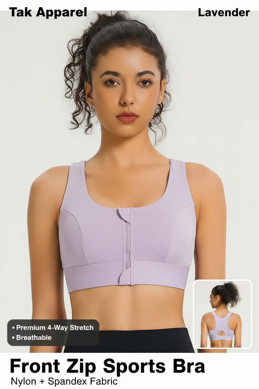 Front Zip Sports Bra - สีม่วงอ่อน ด้านหน้าหลัก