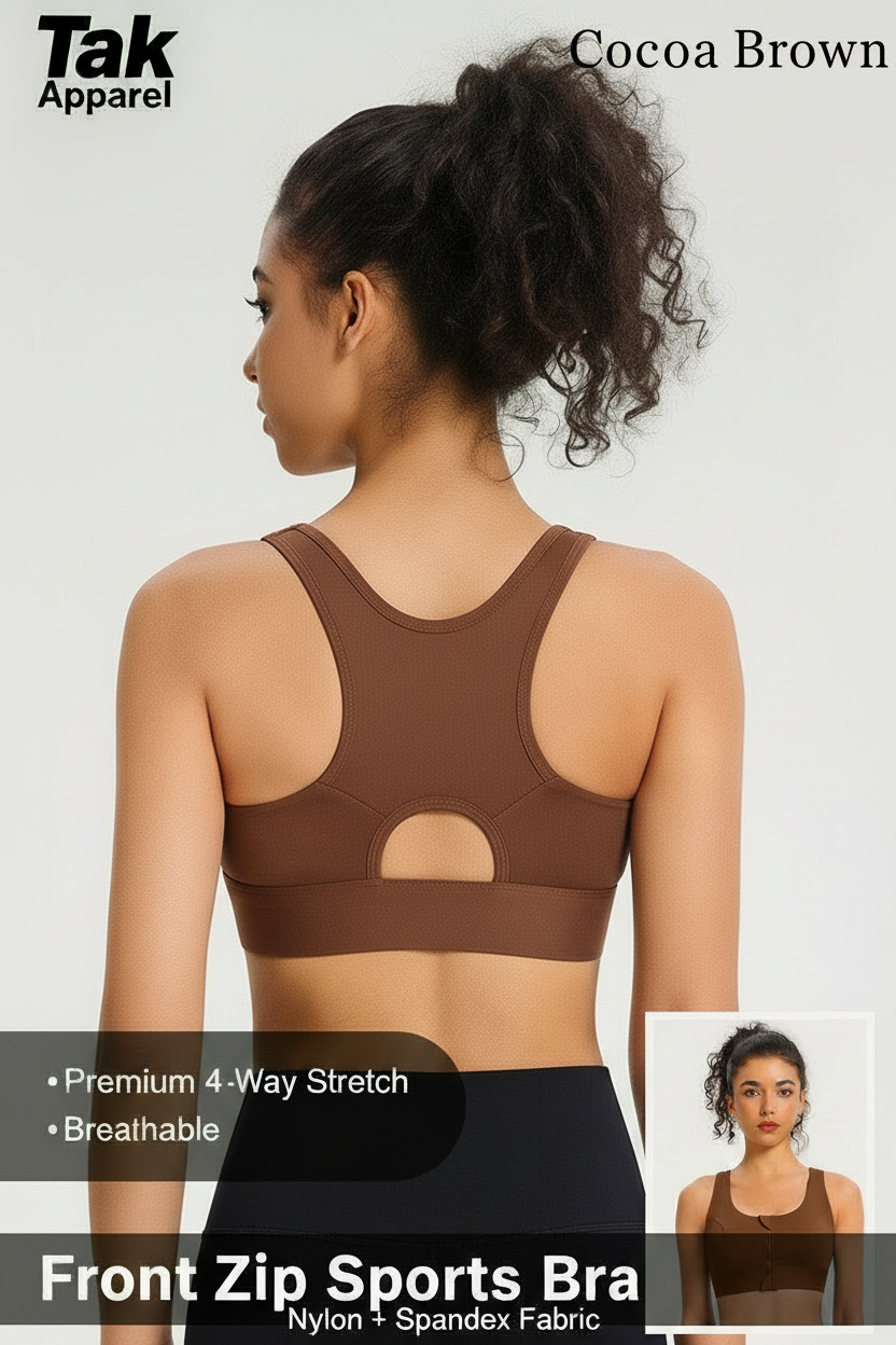 Front Zip Sports Bra - สีโกโก้