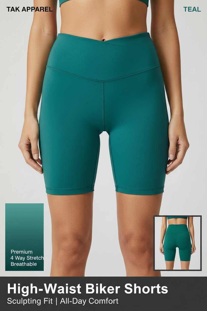 High-Waist Biker Shorts - Half Body Front