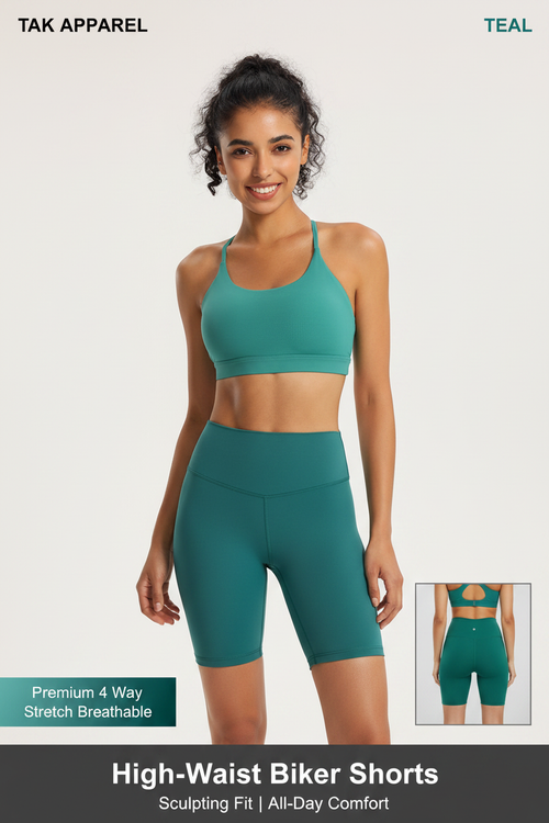 High-Waist Biker Shorts - Half Body Front