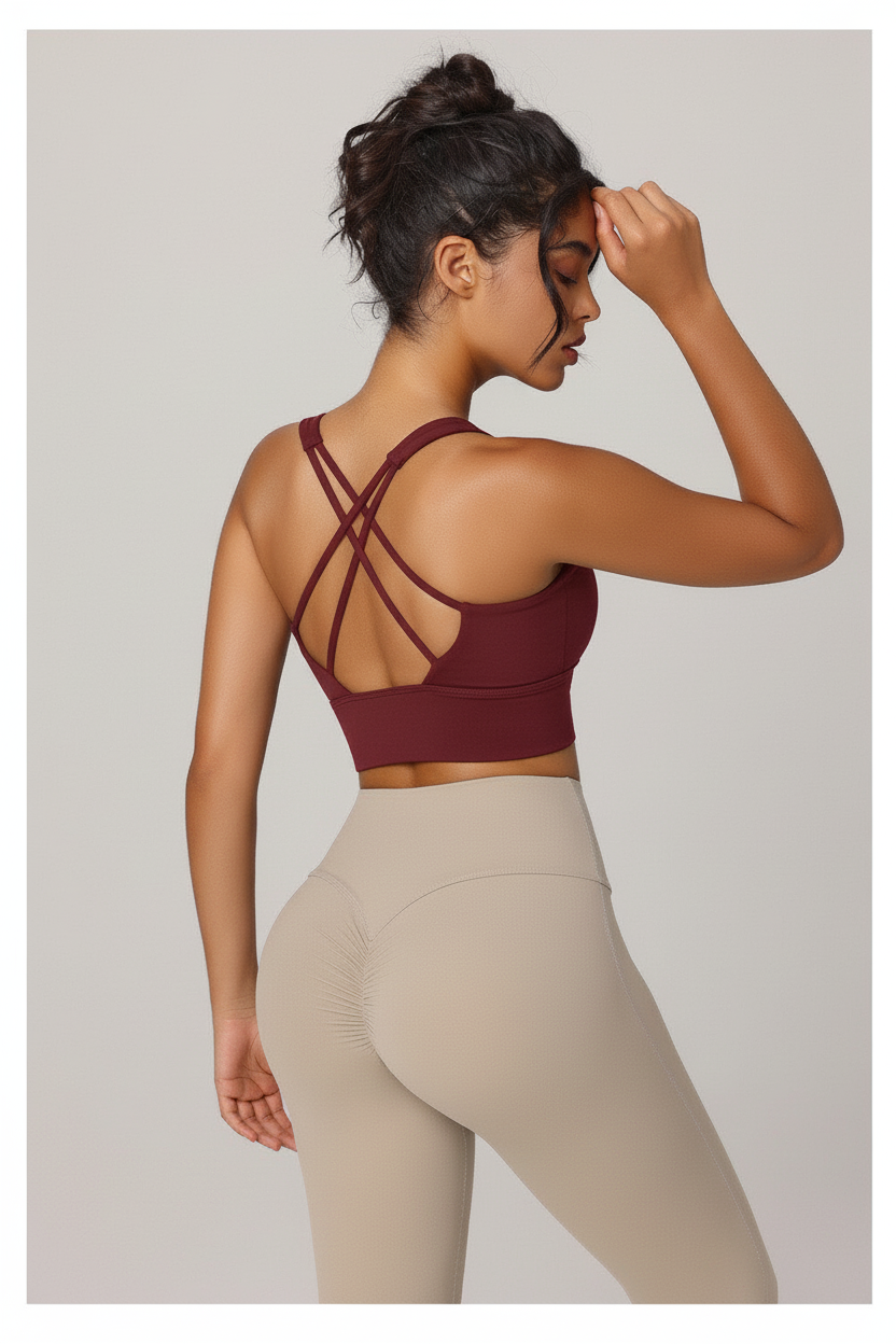 เสื้อกีฬา Cross-Back สีม่วงอมแดง ด้านหลัง | Burgundy Cross-Back Sport Top Back