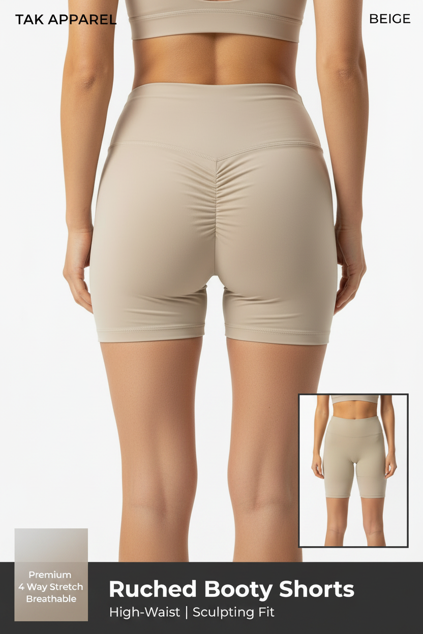 Ruched Booty Shorts - Beige Back Main Front Inset