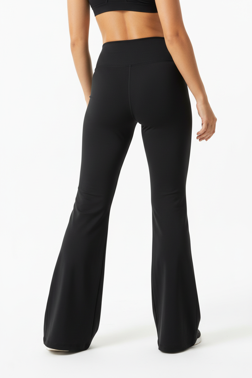 กางเกงยิมเอวสูงขายาวบานสีดำ ด้านหลัง | Black High-Waist Flare Gym Pants Back