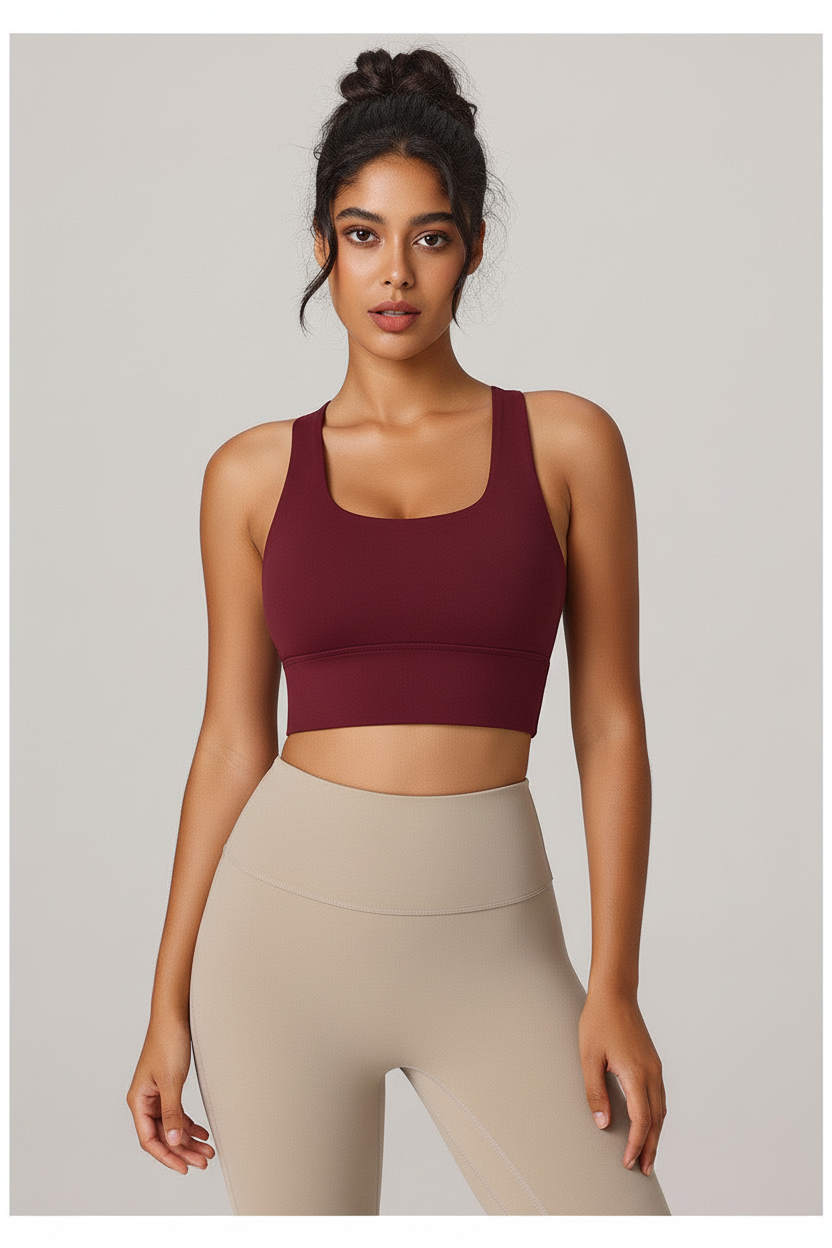 เสื้อกีฬา Cross-Back สีม่วงอมแดง ด้านหน้า | Burgundy Cross-Back Sport Top Front
