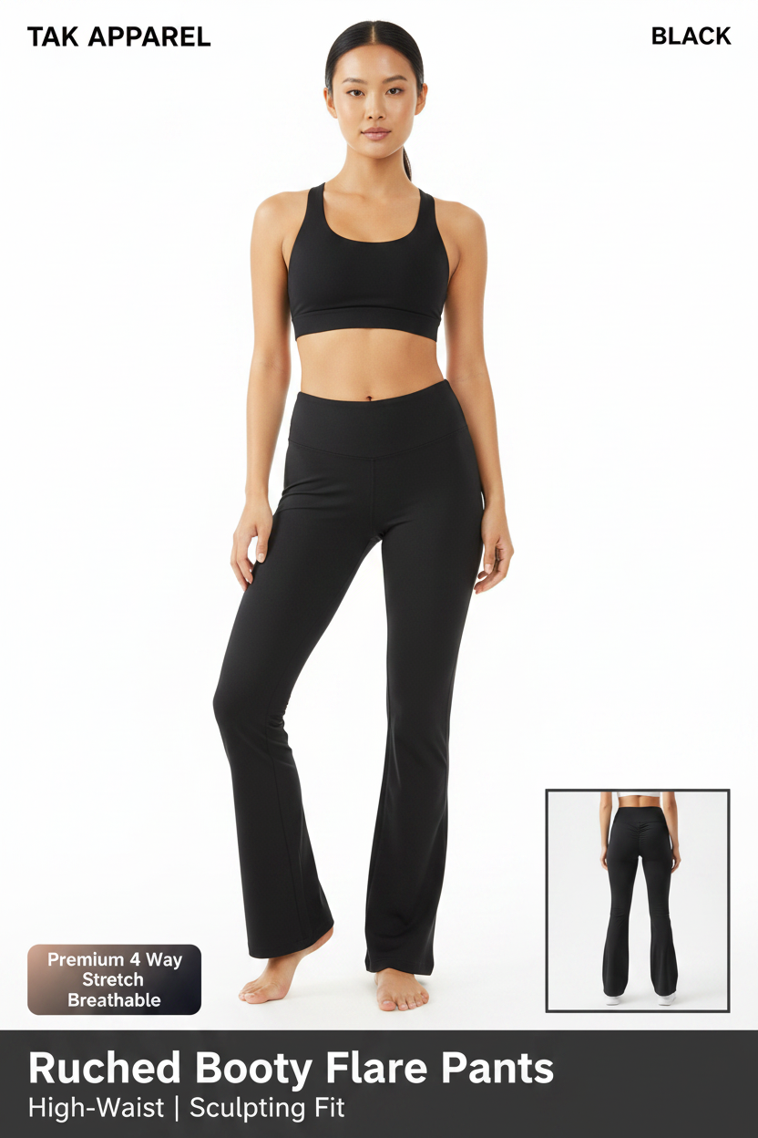 Ruched Booty Flare Pants - Black with Ruching Detail