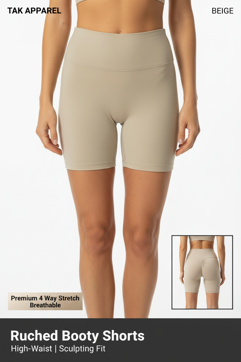 Ruched Booty Shorts - Beige Half Body Front