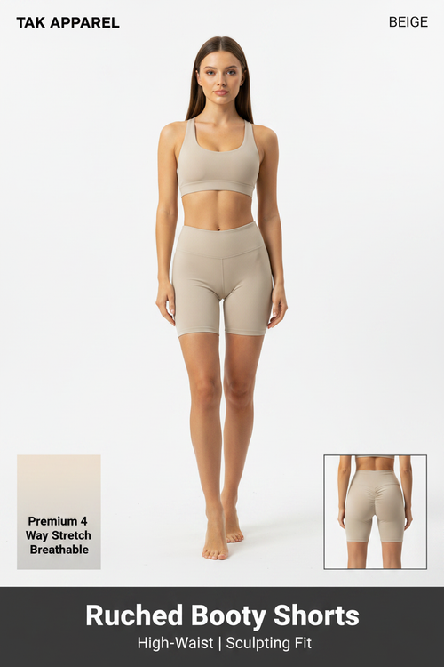 Ruched Booty Shorts - Beige Caucasian Model